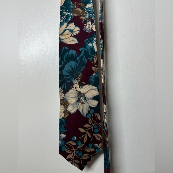 The Walt Disney Company Hidden Mickey Hawaiian Floral Teal Burgundy Neck Tie - Picture 1 of 13